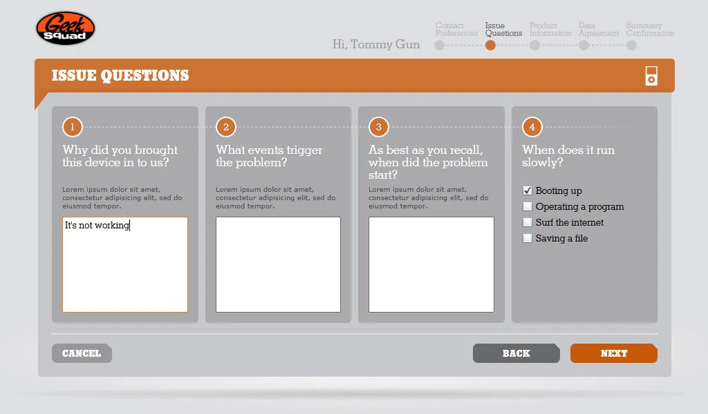 Guided issue capture for more complete intake information.
