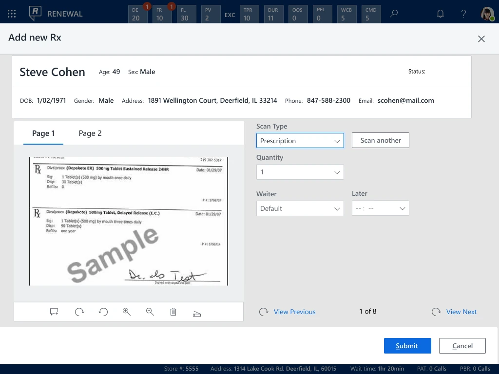 Prescription intake and scanned-document review.